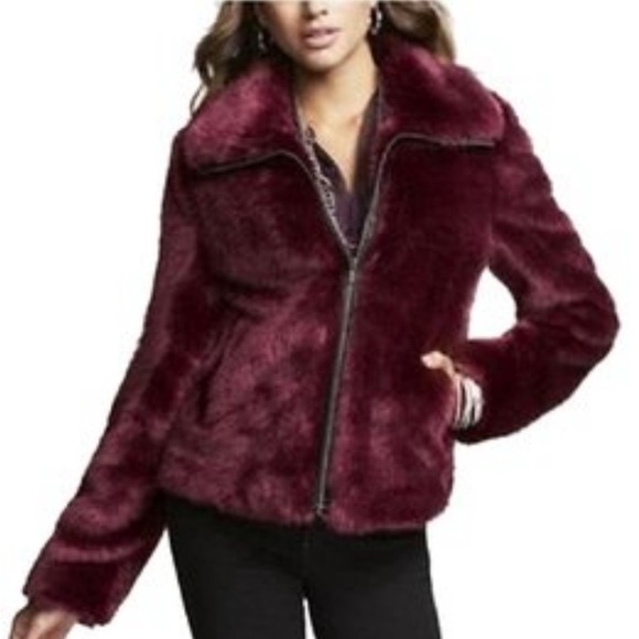 Express Faux Fur Burgundy Jacket Mob Wife Dress Coat - Picture 1 of 10